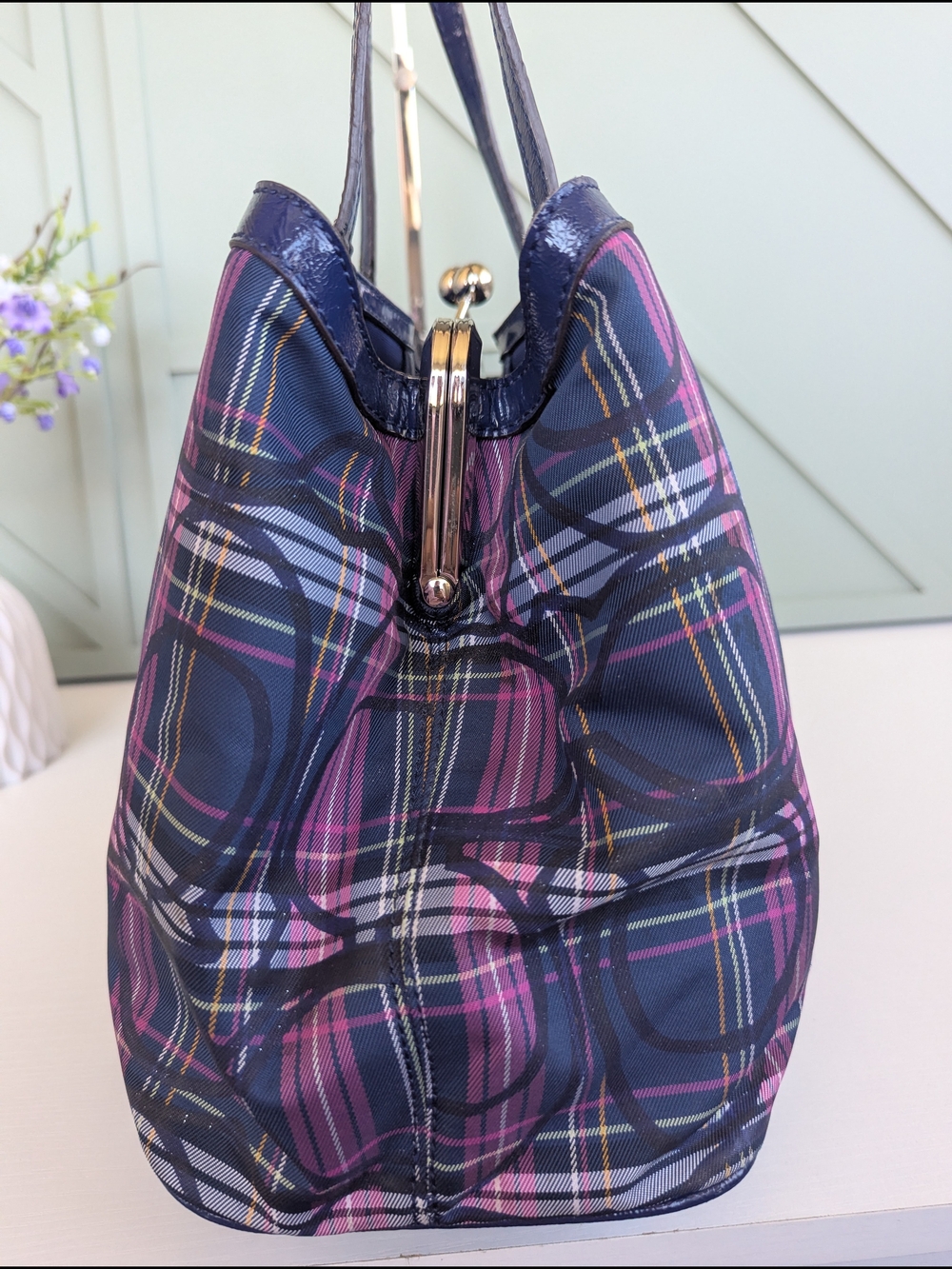 Coach Navy Plaid Tote with Pink and White Accents - Picture 6 of 14